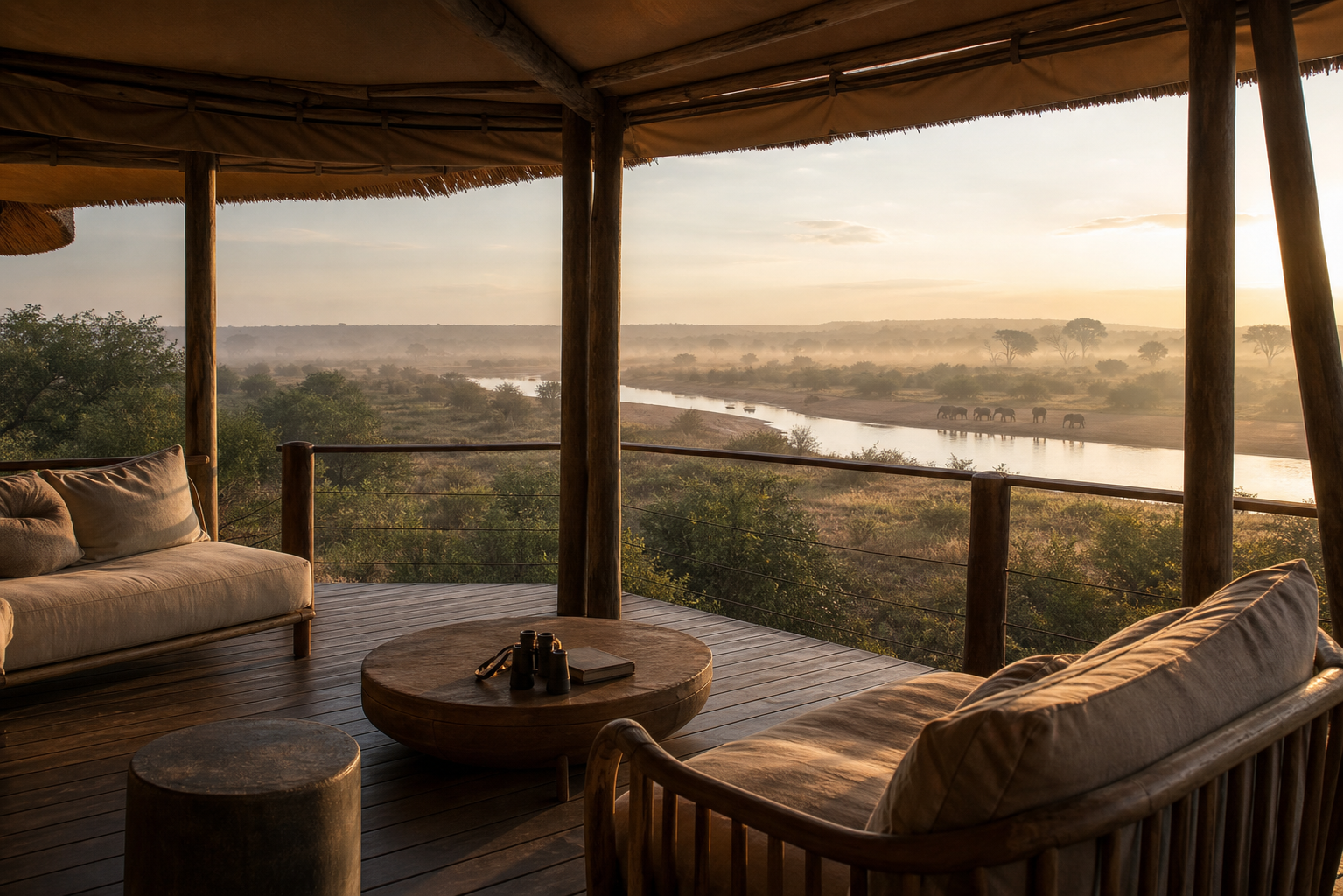 Safari lodge deck overlooking a river plain