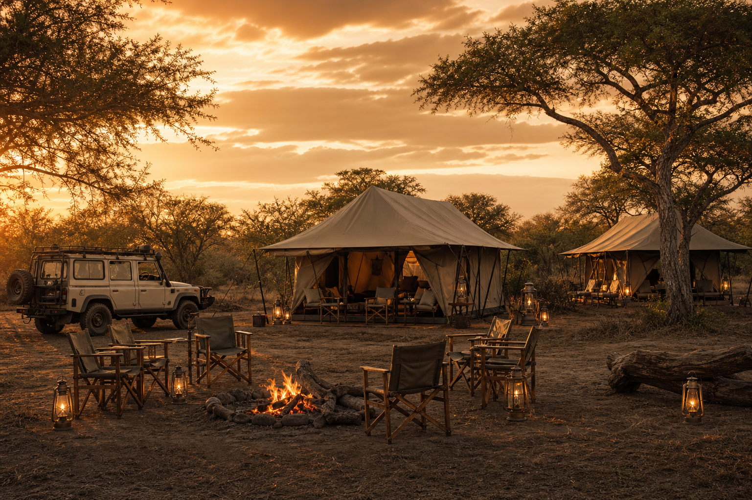 Canvas mobile safari camp at golden hour