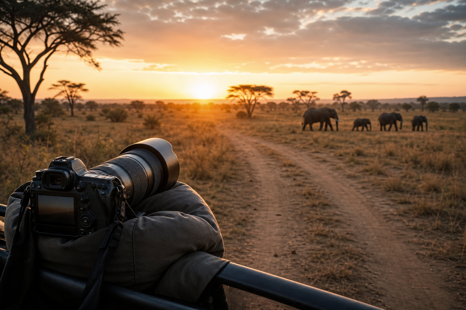 Camera set up in a safari vehicle at sunrise