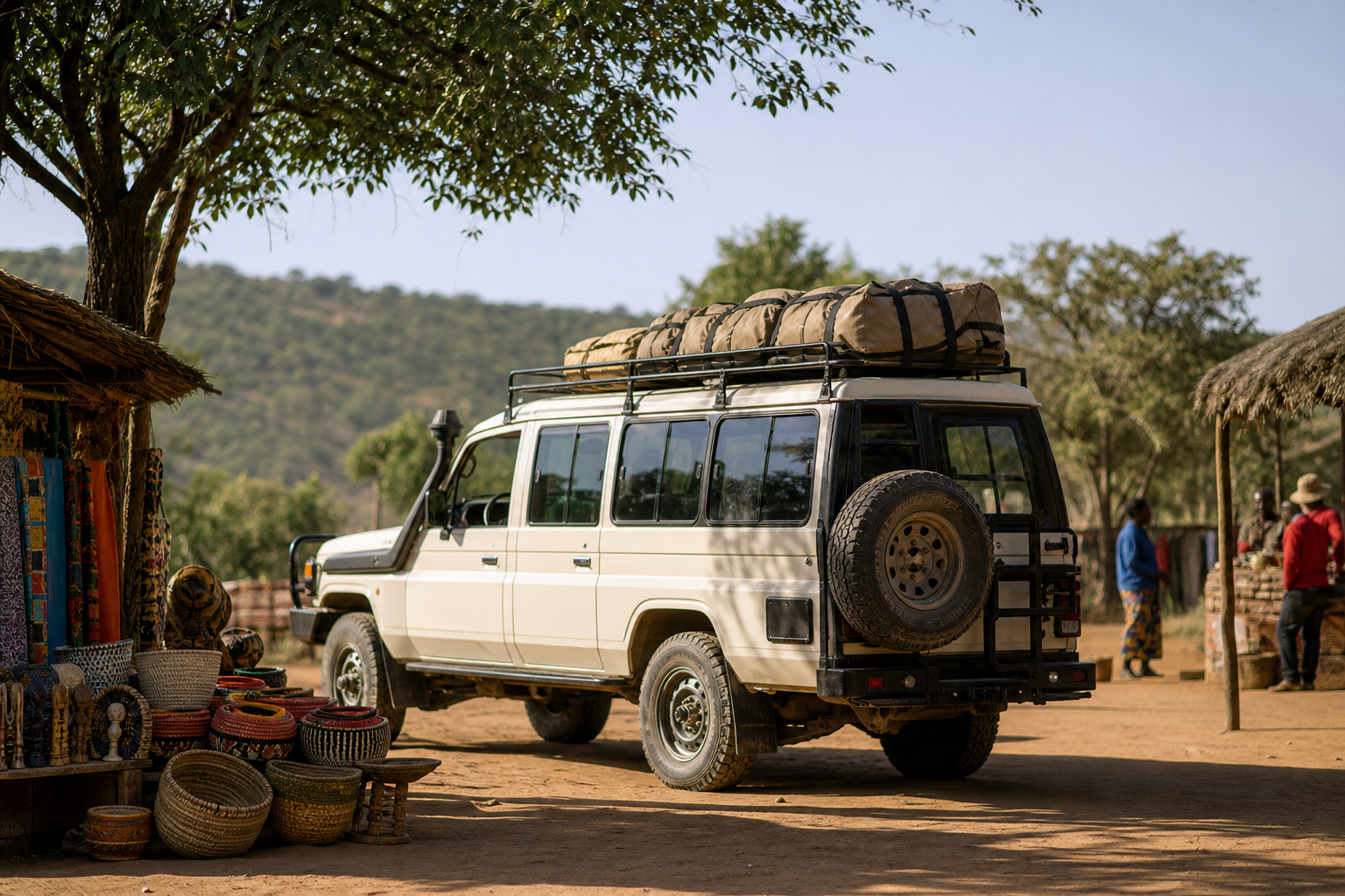 Safari vehicle beside cultural travel details