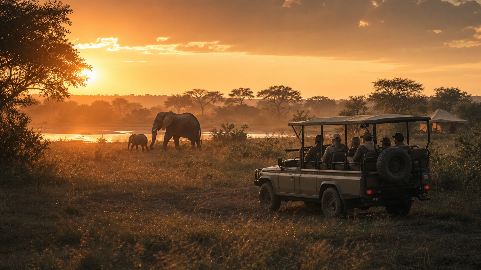 Safari vehicle and elephants at golden hour